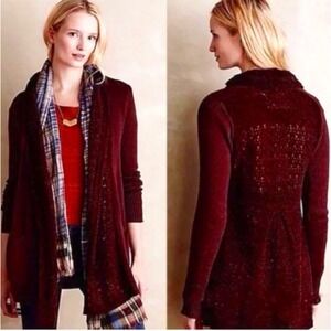 Anthropologie Angel Of The North Crochet Burgundy‎ Open Cardigan Sweater Boho S
